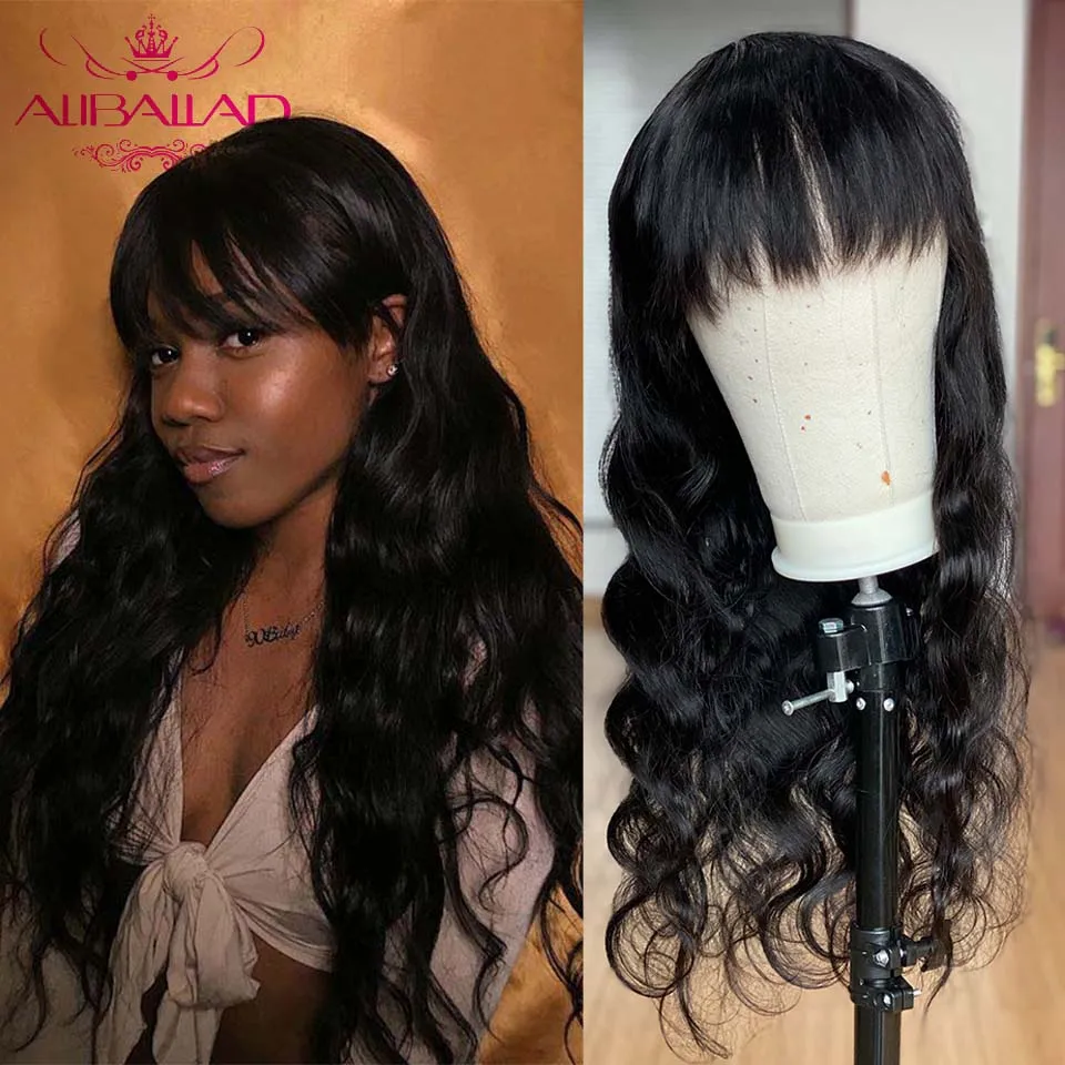 Парики Aliballad из человеческих волос волнистые с челкой бразильские полностью