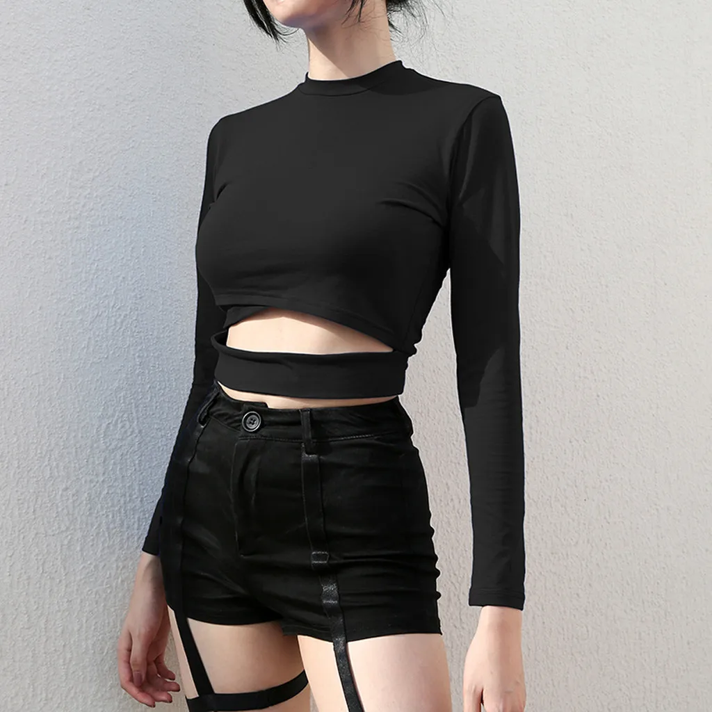 

Lumbar Punkt Women's Black Cross Yoga Shirts Turtleneck Seamless Long Sleeve Short Fitness Top Gothic Style A1