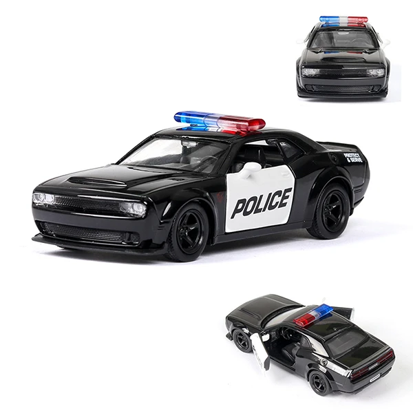 1/36 Diecast Alloy Police Car Models Challenger 2 Doors Opened With Pull Back Function Metal Sports Cars Model For Children Toys 7