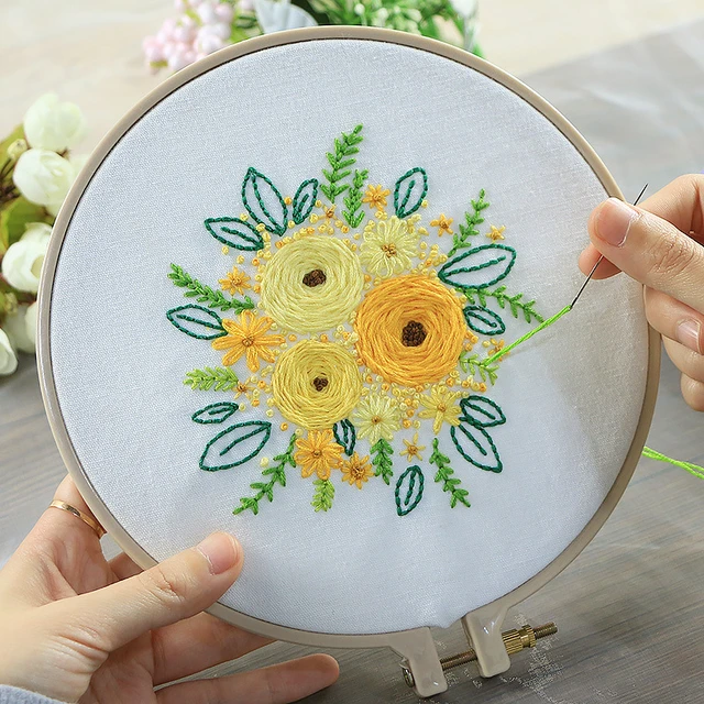 Starter Embroidery Kit Flowers Pattern DIY Beginner Embroidery Kits  Handcraft Needlework Sewing Hand Cross Stitch Set With Hoop - AliExpress