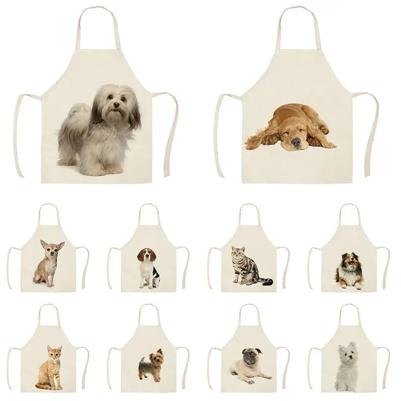 1Pc Kitchen Apron Sketch Wearing Pug Pet Dog Cat Printed Sleeveless Cotton Linen Aprons for Men Women Home Cleaning Tools WQ456