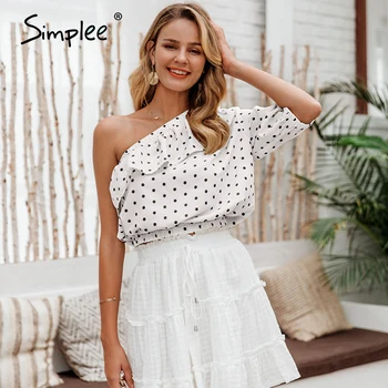 

Simplee Sexy skew collar ruffle women blouse shirt Spring summer polka dot half sleeve crop tops Ladies chiffon holiday shirt
