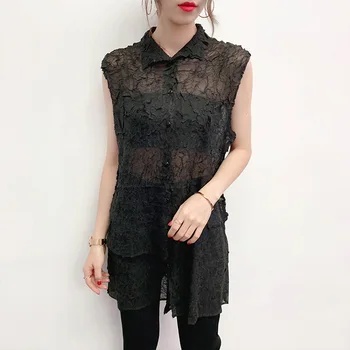 

Korea high quality sleeveless pleated shirt famale 2020 summer fashion loose large size elastic tops single breastedOXOL