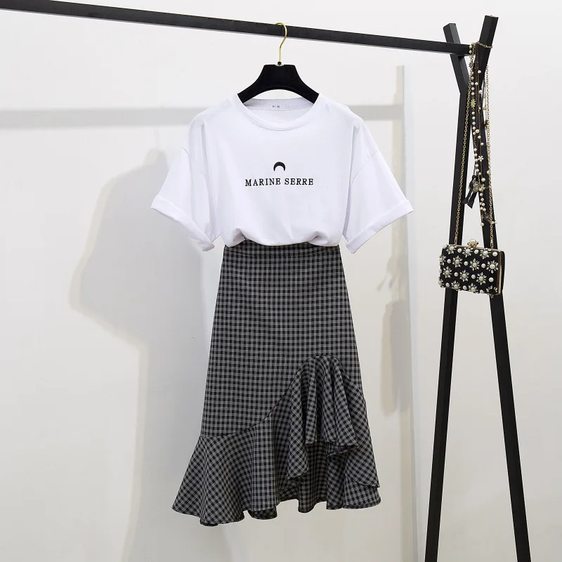 ICHOIX комплект из 2 предметов, женская одежда, летняя одежда, футболка с надписью, клетчатый комплект из 2 предметов, юбка, повседневный