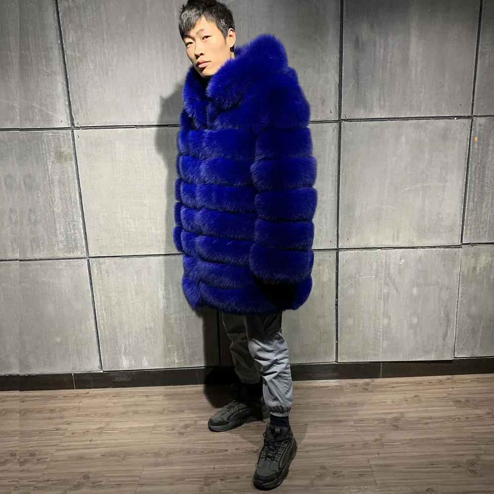 New Winter Men Real Fox Fur Coat With Hood Thick Warm X-Long Natural Fur  Outwear