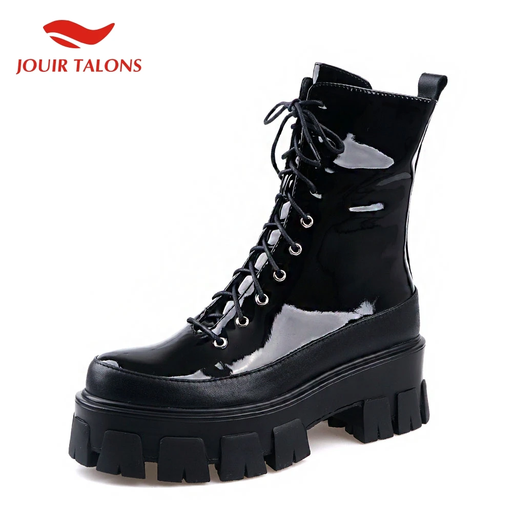 

On Sale 2020 Fashion Genuine Leather Motorcycles Boots Chunky Heels Ankle Boots Woman Shoes Platform Shoelaces Shoes Women Boots