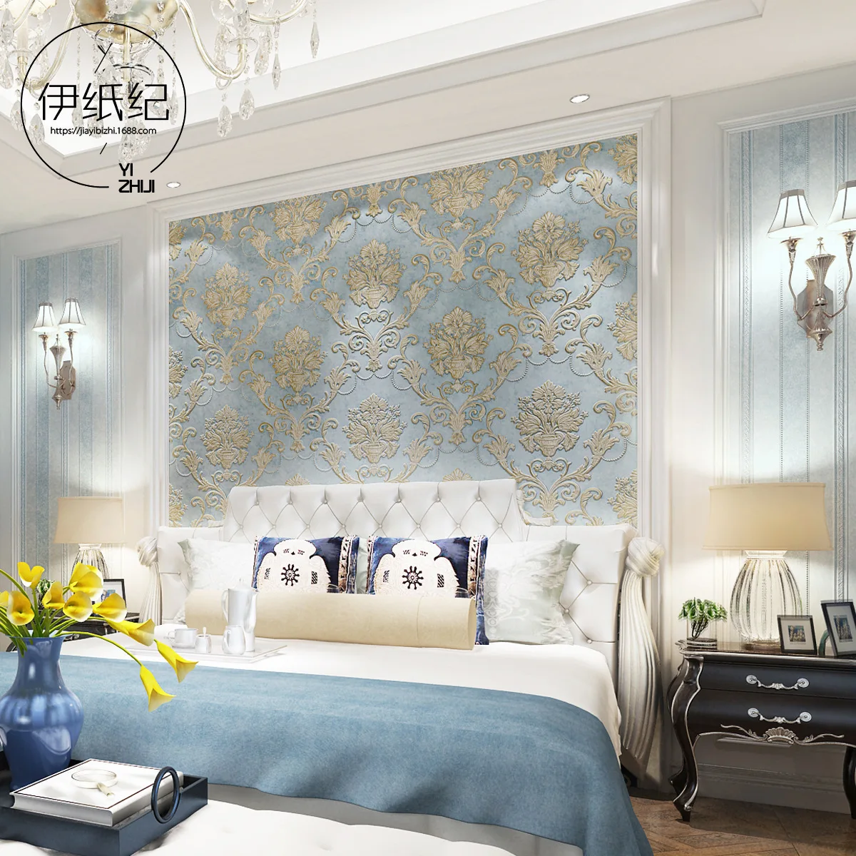 

European Style Retro Damascus Bronze Non-woven Wallpaper American-Style 3D Relief AB Version of Bedroom Living Room Background W