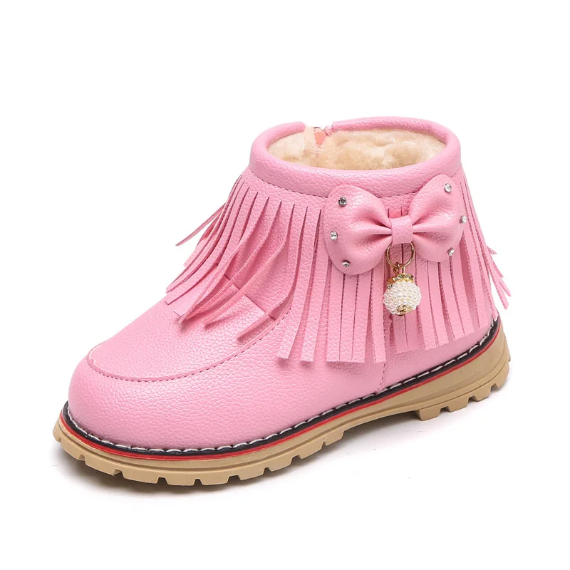 pink Модные теплые зимние ботинки с бахромой и бусинами для маленьких девочек; ботильоны для маленьких детей; детская водонепроницаемая обувь; кожаные ботинки; От 1 до 6 лет - Цвет: pink