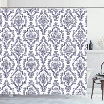 

Shower Curtain Set with Hooks 66x72 Inches Baroque Abstract Navy Rich Renaissance Blue Beautiful White Ornamental Damask Chic