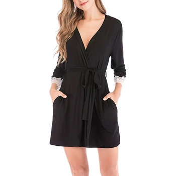 

With Pocket Bathing Soft V Neck Lace Women Robes Sexy Solid 3/4 SLeeves Summer Fashion Loungewear Loose Fit Smooth