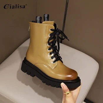 

CIALISA Ankle Boots Women Yellow PU Leather Autumn Winter Round Toe Lace Up Shoes Woman Fashion Motorcycle Platform Boots