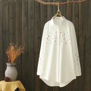 

Japanese Mori Girl Casual Tops for Women Spring Autumn Kawaii Raindrops Embroidery Button Down Long Sleeve White Shirt chemisier