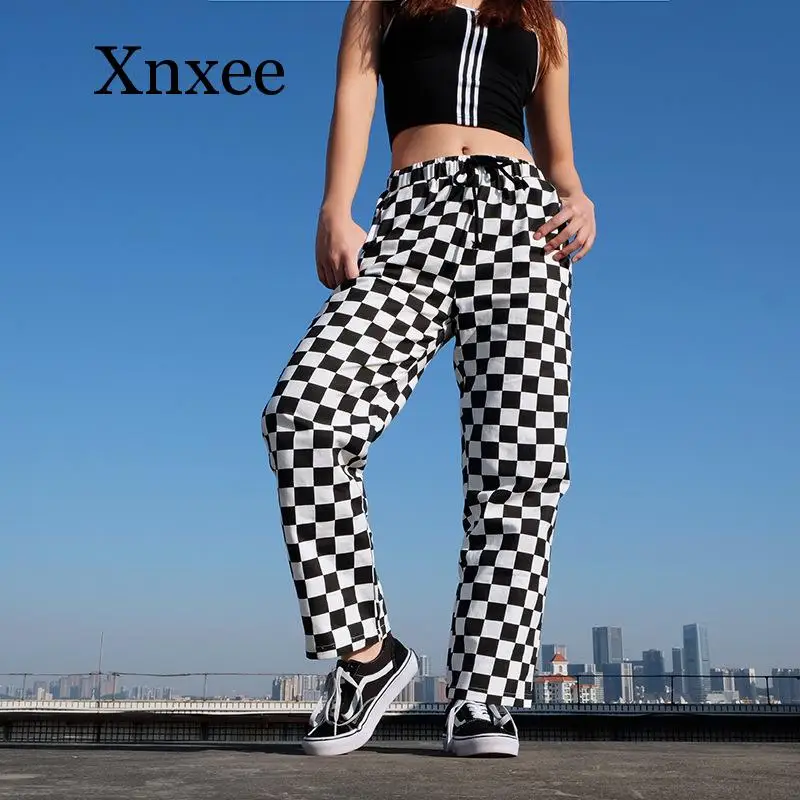 2020 Plaid Pants Womens High Waist Checkered Straight Loose Sweat Pants Casual Fashion Trousers Running rock hip pop Sweatpants black white checkered patchwork micro flared denim trousers hip hop splashed ink logging pants for men slim washed torn jeans