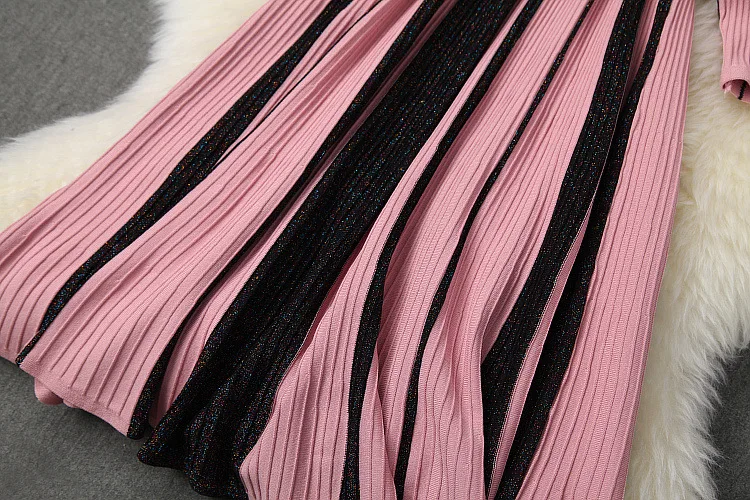 Женское осенне-зимнее платье трапециевидной формы с v-образным вырезом, элегантное Полосатое трикотажное платье с люрексом и длинным рукавом, новинка, розовое, бежевое