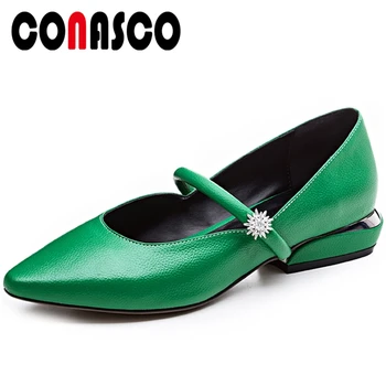 

CONASCO Woman Pumps Genuine Leather Mary Jane Shoes New Concise Casual Rhinestone Decoration Pointed Toe Low Heels Shoes Woman