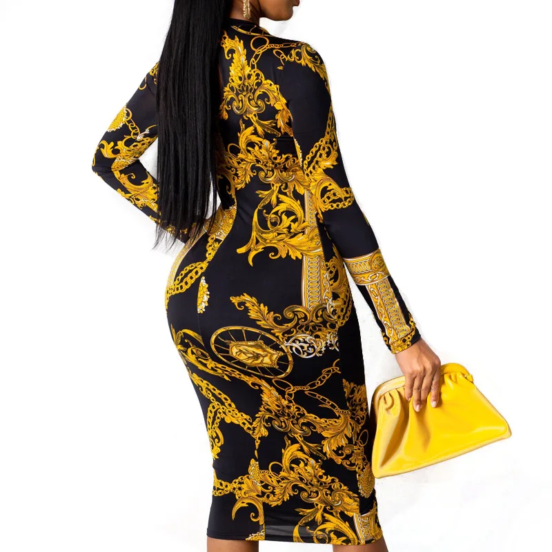 Gold & Black Printed Bodycon Elastic Dress 6