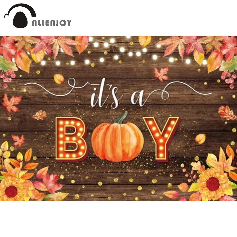 Allenjoy Boy Birthday Party Baby Shower Leaves Autumn Pumpkin Wood Backdrop Lights Banner Flower Gold Dots Photobooth Background |