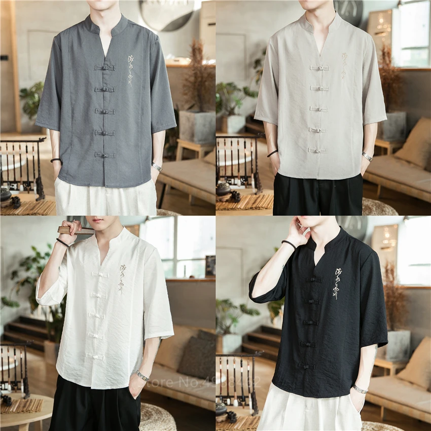 Традиционный китайский стиль рубашка для мужчин топы Одежда для мужчин Wu Tang Clan лен вышивка Винтаж Тан костюм плюс размер