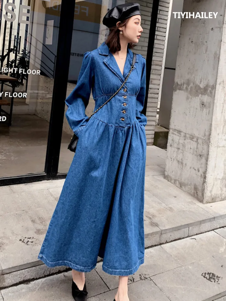 

TIYIHAILEY Free Shipping High Quality Fashion Plus Size S-XL Women Long Mid-calf Denim Spring And Autumn Dresses Long Sleeve
