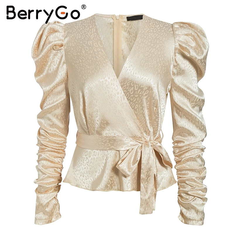 BerryGo Sexy Autumn winter puff sleeve sash belt female blouses shirts Sexy v-neck printed women blouse Elegant party ladies top