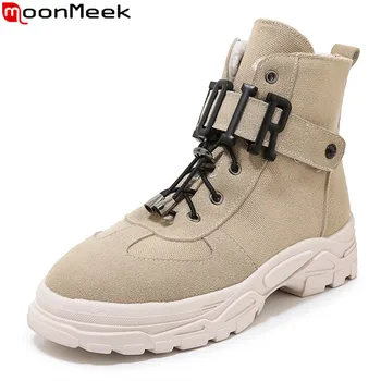 

MoonMeek 2020 hot sale winter keep warm ankle boots comfortable flat heel round toe lace up leisure shoes woman big size 33-46