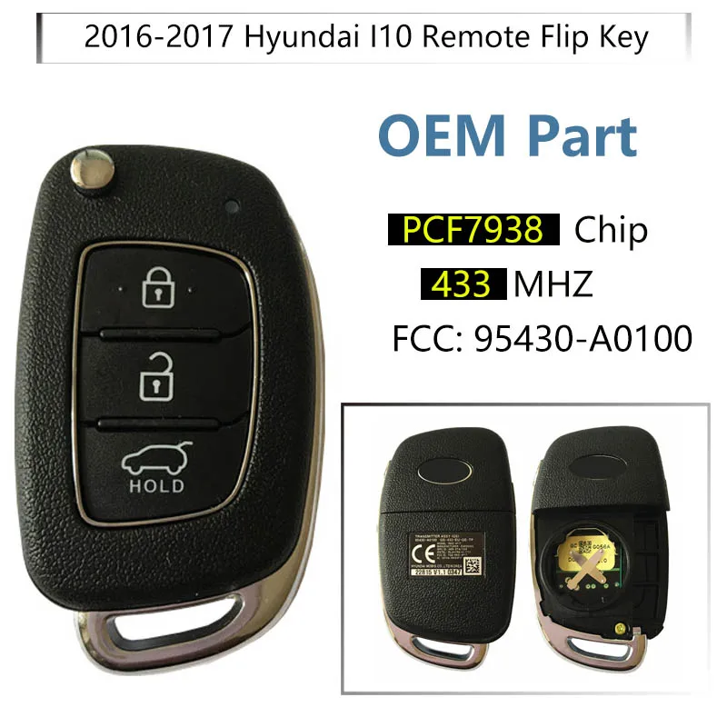 

CN020092 Remote 3 Button Key For 2016-2019 Hyundai I10 Creta Remote With 433MZ PCF7938 Chip 95430-A0100 RKE-4F17
