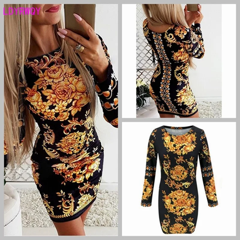 

2020 spring new European and American women's fashion sexy package hip round neck long sleeve printed waist tight dress