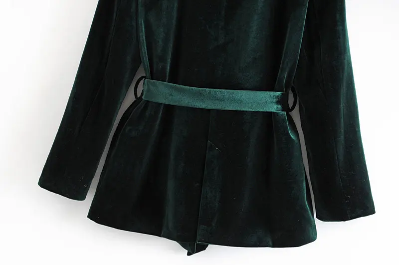 Женский зеленый бархатный блейзер, Модный осенне-зимний Повседневный блейзер с поясом и карманами, верхняя одежда, офисные женские блейзеры