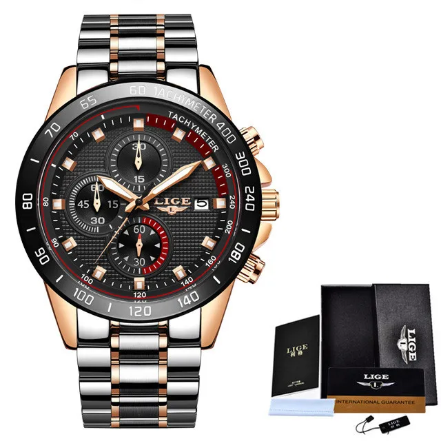 gold silver black Новые синие повседневные часы со стальным ремешком Модные Кварцевые Золотые часы LIGE мужские часы лучший бренд класса люкс водонепроницаемые спортивные часы Relogio Masculino - Цвет: gold silver black