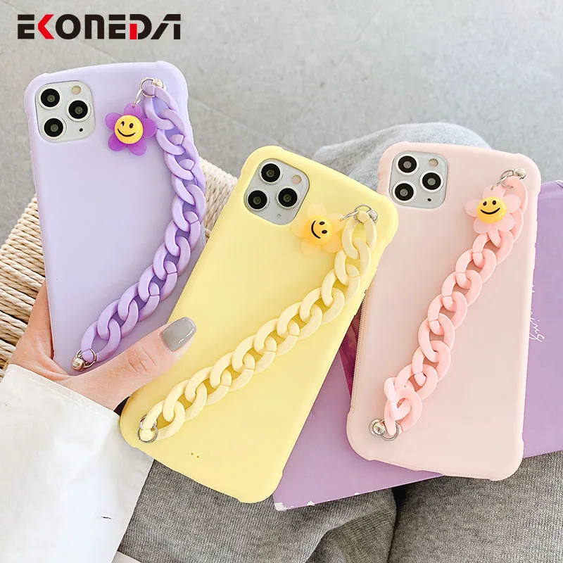 

EKONEDA Wrist Strap Phone Case For iPhone 11 Pro XS Max X XR SE 7 8 Plus Case Plain Anti-knock Soft Silicone Back Cover