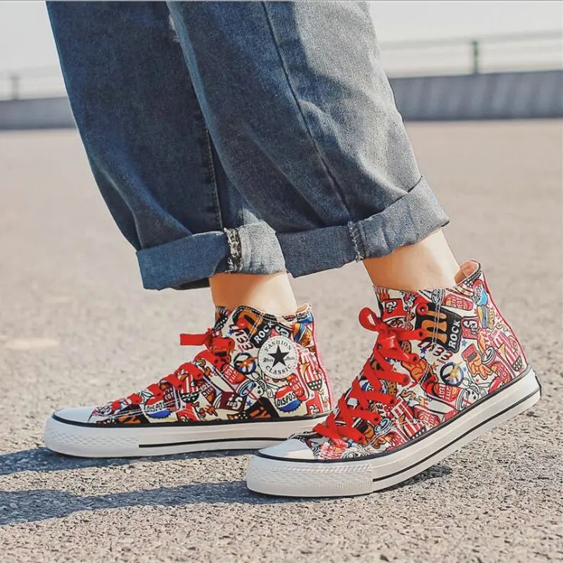 

brand Men graffiti casual canvas sneaker spring breathable lightweight student flats high top canvas shoes A55-09