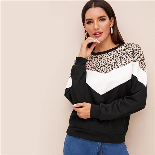 SHEIN контрастный цветной блок, принт, Повседневный свитер для женщин, пуловер, топы, осень, длинный рукав, базовые женские модные толстовки - Цвет: Multicolor