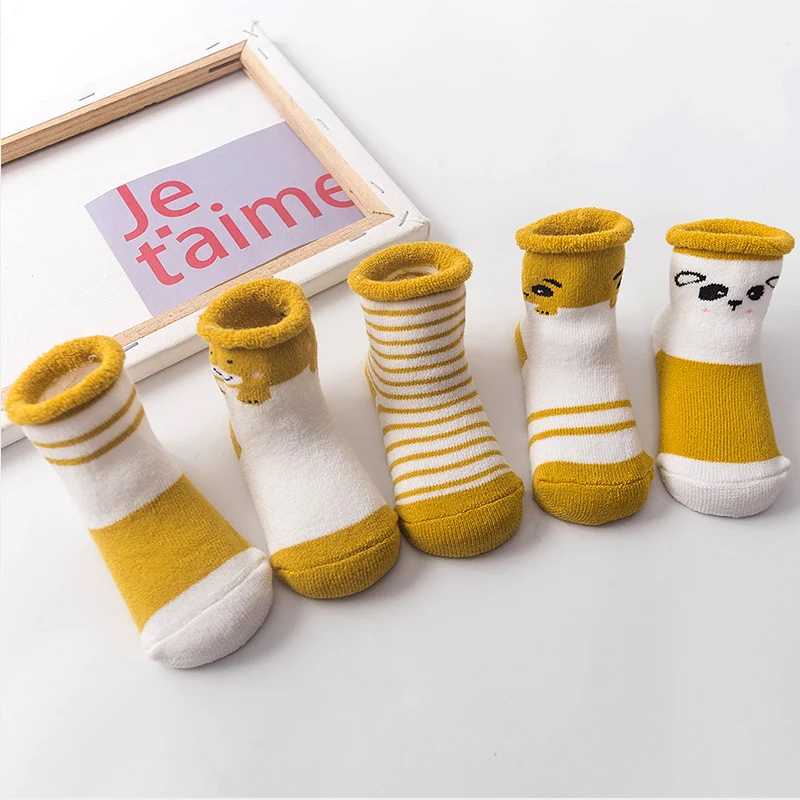 yellow 5 пар хлопковых носков для малышей зимние Утепленные носки для новорожденных мальчиков и девочек Теплые махровые носки в полоску для малышей, детские носки - Цвет: yellow