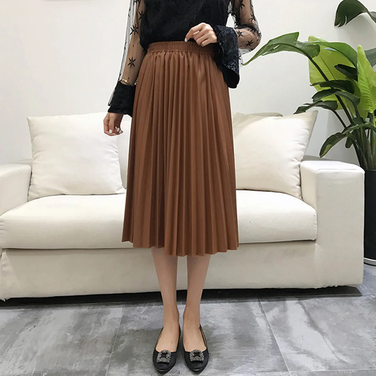 Осенняя мода новая pu кожаная плиссированная юбка эластичная высокая талия универсальные повседневные юбки средней длины черные офисные женские тонкие свободные