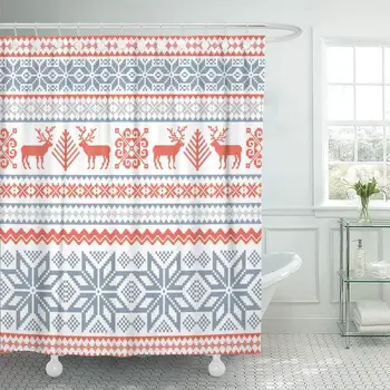 

Shower Curtain Set Waterproof Adjustable Polyester Fabric Red Pattern Christmas Deer and Traditional Nordic Winter 72 x 84