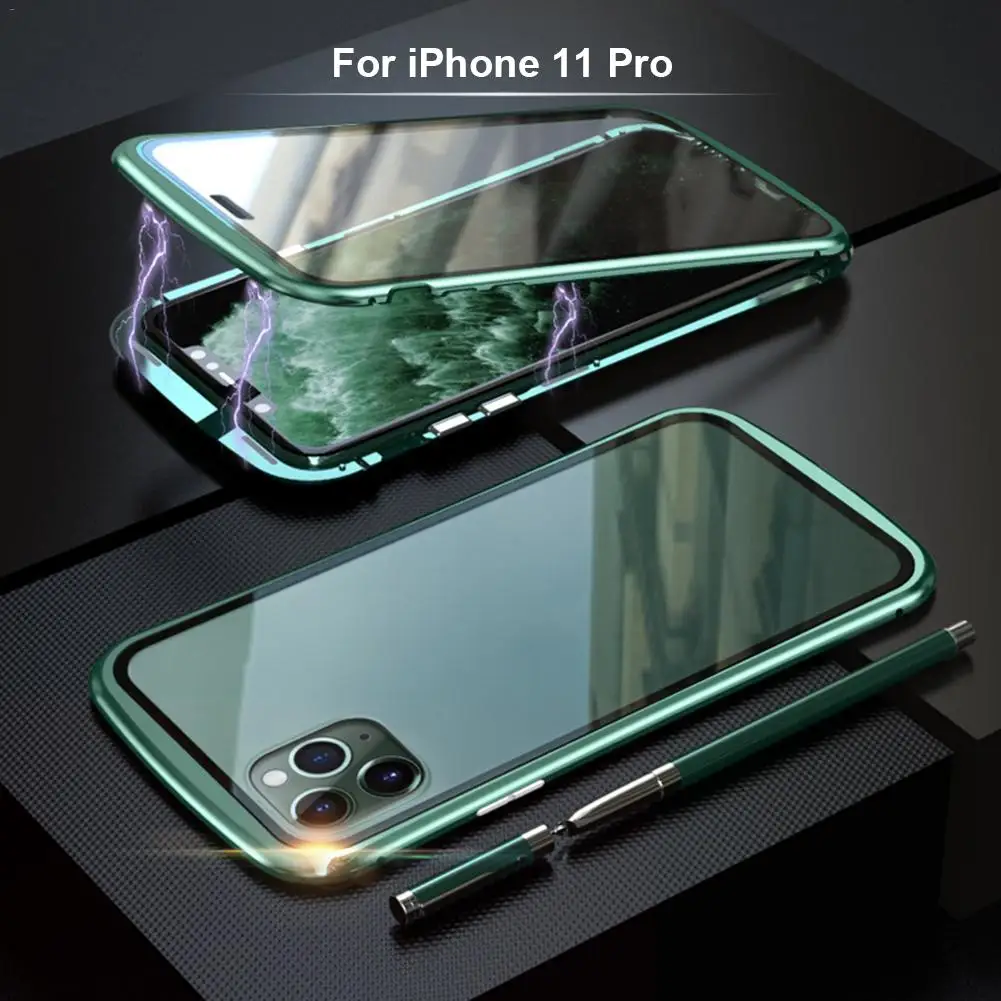 Магнитный адсорбционный Чехол для мобильного телефона IPhone 11 Pro Max металлическая рамка двойное закаленное стекло покрытие магнитное притяжение