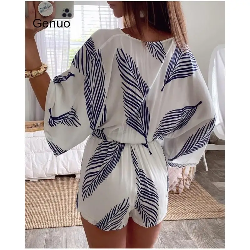 Women Summer Sexy Deep V Neck Playsuit Ladies Print Long Sleeve Loose Shirt Jumpsuit Fashion Female Romper Blouse Romper