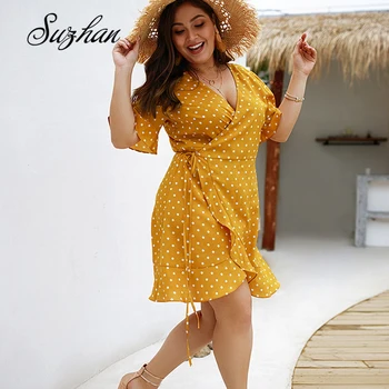 

Suzhan Summer Polka Dot Printed Female Dress Short Sleeve Deep V-neck Sexy 4XL Large Size Dress Elegant Casual Office Lady