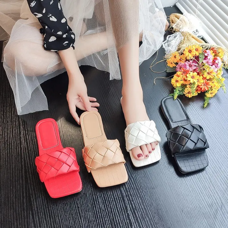 

Red Leather Weaving Beach Slippers Women Summer Casual Open Toe Flat Heel Sandals Woman Comfortable Outdoor Slides Mujer 2020