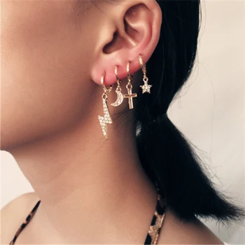 

4pcs/set Earings fashion jewelry 2020 vintage crystal gold dangly star moon cross pendant rhinestone drop earring set for women