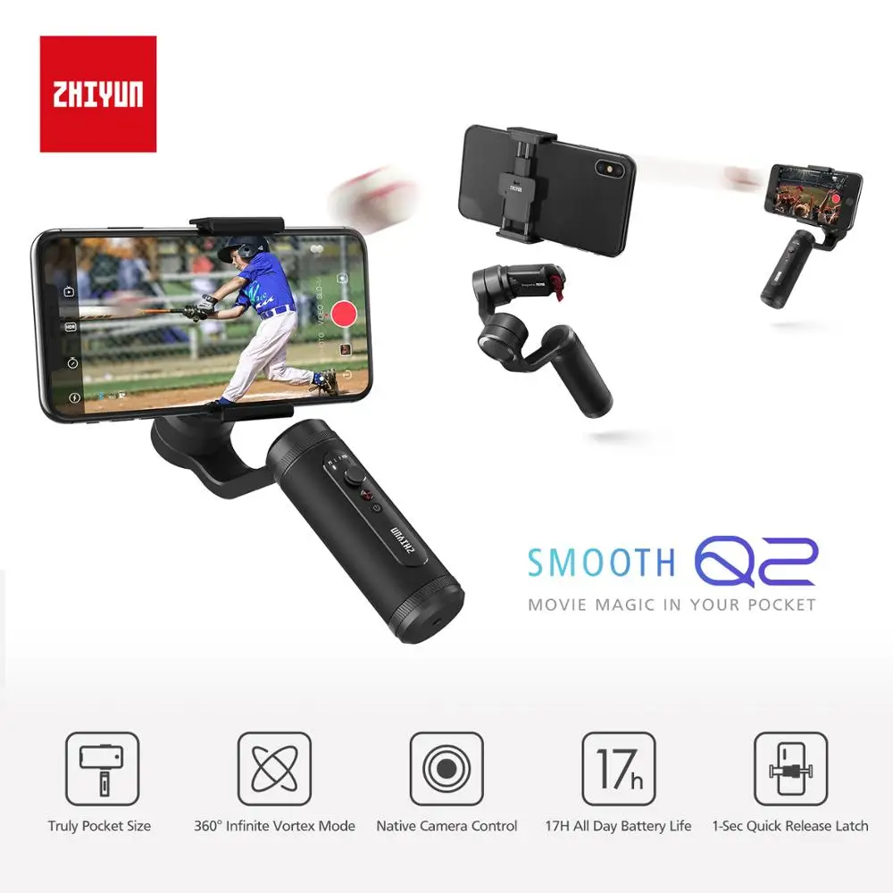 Zhiyun Smooth Q2 3-Axis Smartphone Handheld Gimbal Stabilizer Small Pocket Size 360 Degree Rotation for Phone 11 Pro Max S10 9