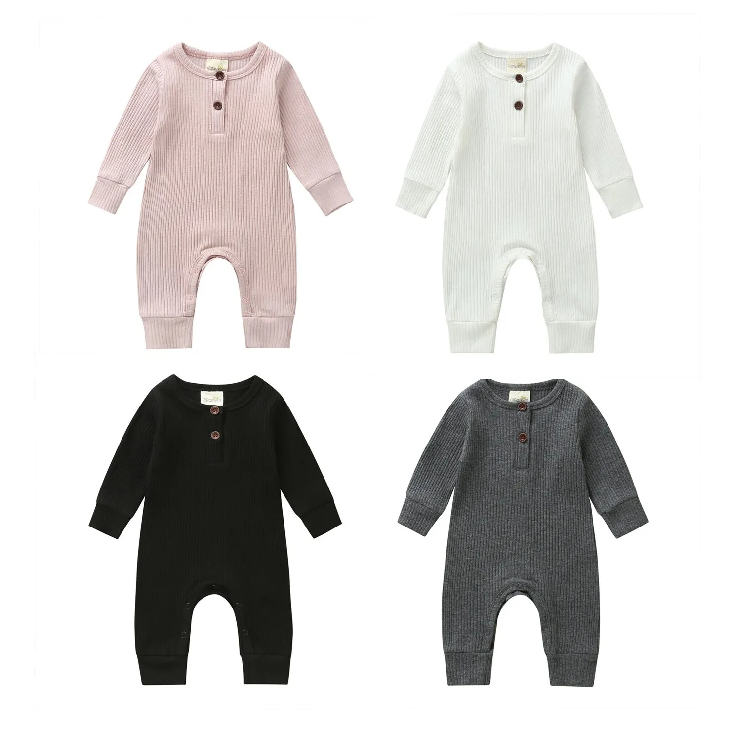 

2020 New Fall Autumn 0-18M Infant Baby Boy Girl Button Decorate Solid Color Long Sleeve Romper Jumpsuit Clothes 4 Colors