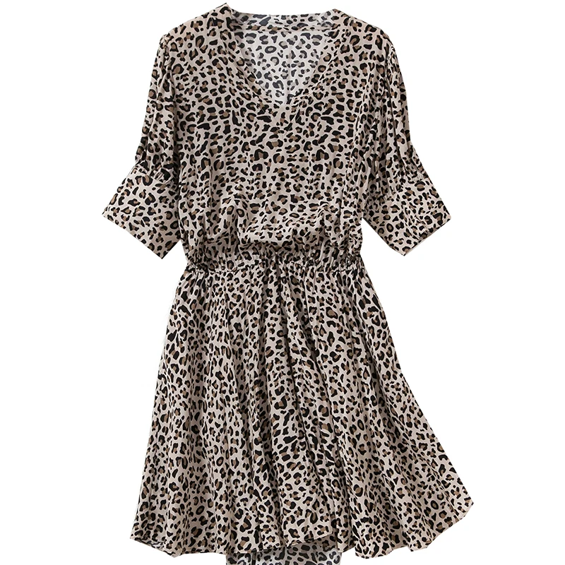 

2020 Spring Summer V Neck Leopard Print Dress Women Stretch Waist Short Sleeve Mini Dress