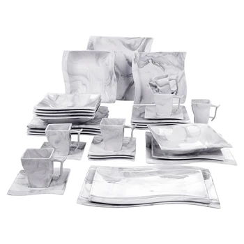 

MALACASA FLORA 32-Piece Marble Grey Porcelain Dinner Set with 6*Dinner&Dessert&Soup Plate,Cups&Saucers and 2*Rectangular Plate
