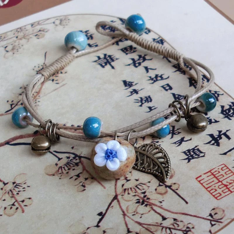 

Fashion Retro Bracelet Women's Flower Leaf Ceramic Beads Hand Made DIY Bracelets Artware For Woman Girl Gift Jewelery Wholesale