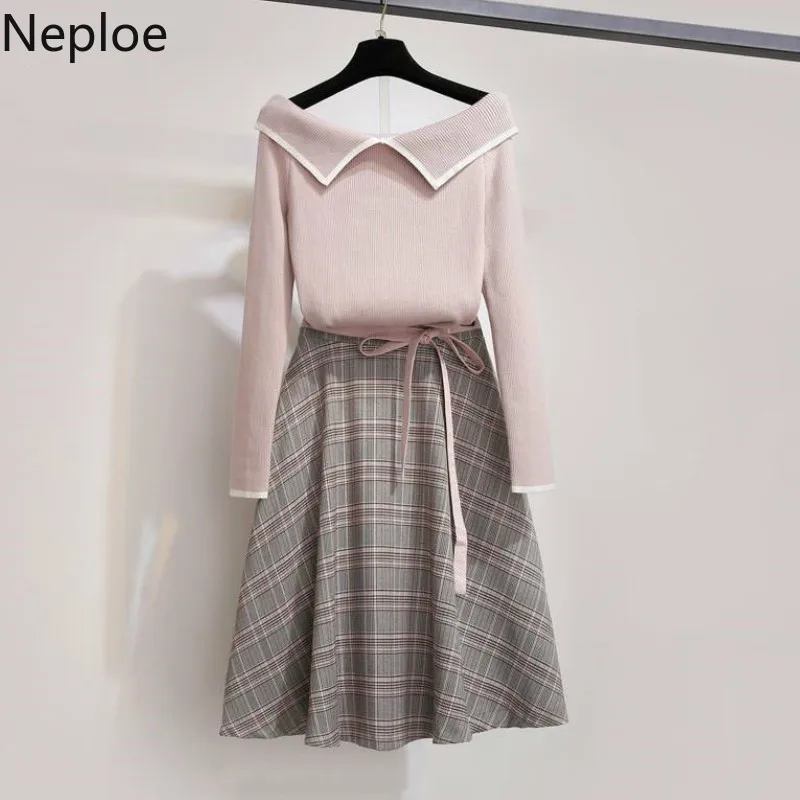 

Neploe Elegant Two Piece Set Women Sweet Doll Collar Knit Sweater High Waist Plaid Skirt Autumn Winter Conjuntos De Mujer 46264