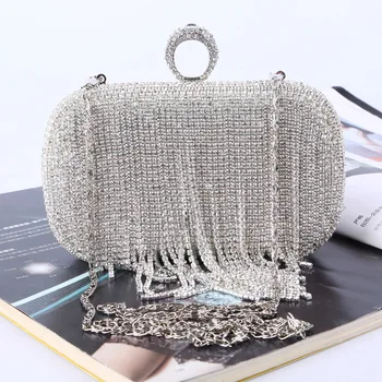 

Ladies dinner bag, diamond-studded tassel bag, handmade rhinestone ring evening bag, messenger clutch