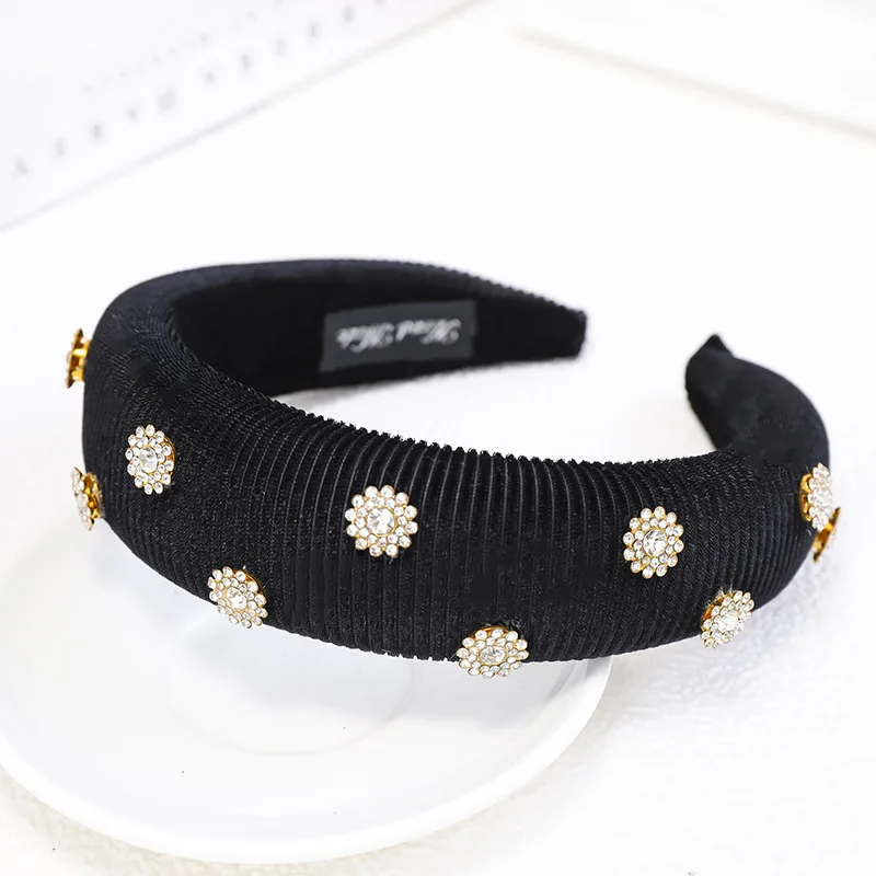 New Hair Accessories Velvet Rhinestone Women Hairband Crystal Flower Anti-slip Sponge Hair Hoop Fashion Headband Headwear