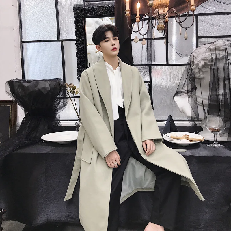 grey EWQ/ Новое модное осенне-зимнее длинное пальто с отворотом и регулируемой талией с поясом Свободное пальто для мужчин повседневное Erkek Mont Tide 9A182 - Color: grey