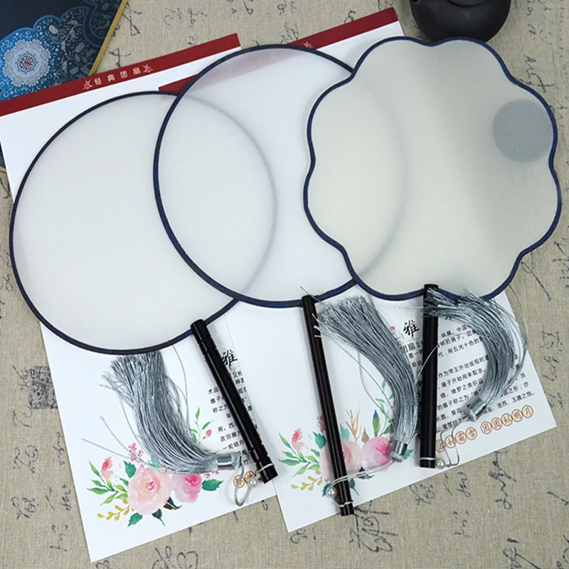 White Chinese Natural Silk Fabric Fan Traditional Craft Wood Handle Ladies Hand Fans Adult DIY Fine Art Painting Programs